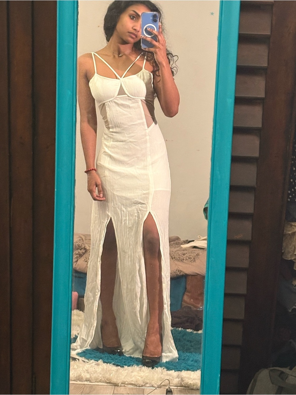 BCBGeneration White Maxi Dress with Sheer Midsection and Side Slit